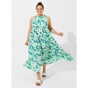 Torrid Maxi Gauze Halter Tiered Green Floral Dress 2, 2X, 18-20